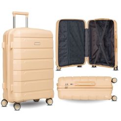 Beżowa, mała walizka kabinowa z polipropylenu z wysuwaną, teleskopową rączką Peterson Beżowa listonoszka damska ze skóry ekologicznej zamykana suwakie. Brązowe walizki Peterson, bez wzorów, ze skóry ekologicznej, małe. Za 117.99 zł.