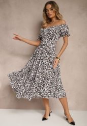 Czarna Rozkloszowana Sukienka w Kwiatowy Print z Bawełną i Dekoltem Łódką z Bufkami Saniren. Czarne sukienki damskie Renee, l, bez wzorów, z bawełny, eleganckie, bez kołnierzyka, bez ramiączek, midi, rozkloszowane. W wyprzedaży za 52.49 zł.