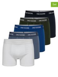 ONLY & SONS Bokserki (5 par) "Onstrey" w kolorze niebiesko-białym rozmiar: L. Białe bokserki męskie Only & Sons, bez wzorów. Za 87.40 zł.