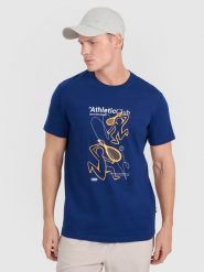 4F T-shirt regular z nadrukiem męski - granatowy S. Niebieskie t-shirty męskie 4f, m, bez wzorów, z bawełny, bez kołnierzyka. Za 69.99 zł.