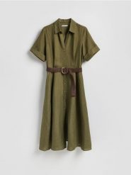 Sukienka midi z lnem - zielony. Zielone sukienki damskie Reserved, l, bez wzorów, z wiskozy, bez kołnierzyka, bez ramiączek, midi, rozkloszowane. Za 199.99 zł.