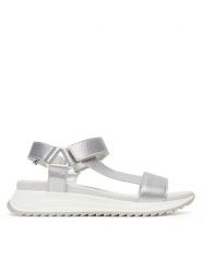 Rieker Sandały W2951-90 Srebrny. Szare sandały damskie Rieker, bez wzorów, ze skóry, bez obcasa, na koturnie. Za 279.99 zł.