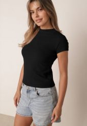 Czarny Gładki T-shirt z Wiskozy ze Stójką w Minimalistycznym Stylu Deleus. Czarne t-shirty damskie Born2be, l, z aplikacjami, z jeansu, bez kołnierzyka. Za 39.99 zł.
