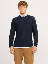 Jack & Jones Sweter w kolorze granatowym rozmiar: M. Niebieskie swetry męskie Jack & Jones, m, bez wzorów, ze splotem, bez kołnierzyka. Za 96.60 zł.