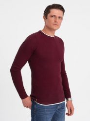 Bawełniany sweter męski z okrągłym dekoltem - bordowy V8 - Rozmiar: XXL. Czerwone swetry męskie Ombre Clothing, m, bez wzorów, z bawełny, bez kołnierzyka. W wyprzedaży za 69.99 zł.