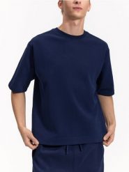 T-shirt z grubej dzianiny - granatowy. Niebieskie t-shirty męskie Reserved, l, bez wzorów, z dzianiny, bez kołnierzyka. Za 119.99 zł.