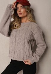 Szary Sweter z Wełną Ozdobnym Splotem i Ściągaczem Nariae. Szare swetry klasyczne damskie Renee, uniwersalny, z jeansu, bez kołnierzyka. Za 54.99 zł.