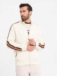 Męska bluza dresowa z wysokim kołnierzem i lampasami – kremowa V3 OM-SSZP-0219 - XXL. Białe bluzy bez kaptura męskie Ombre Clothing, l, z bawełny. Za 143.99 zł.