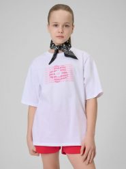 4F T-shirt loose z nadrukiem dziewczęcy - biały 122 (6-7 lat). Białe koszulki dziewczęce 4f, bez wzorów, z bawełny, bez ramiączek. Za 49.99 zł.