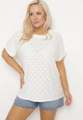 Biały T-shirt z Bawełną i Ażurowym Wzorem Puzira. Białe t-shirty damskie Born2be, s, w ażurowe wzory, z bawełny, bez kołnierzyka. Za 34.99 zł.
