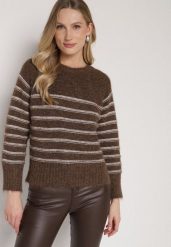 Brązowy Sweter z Domieszką Wełny w Paski Lidavia. Brązowe swetry klasyczne damskie Born2be, z jeansu, bez kołnierzyka. Za 119.99 zł.