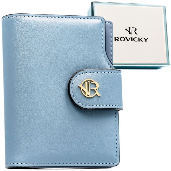 Portfel damski ze skóry ekologicznej w błękitnym kolorze, wyposażony w system RFID - Rovicky. Niebieskie portfele damskie ROVICKY, bez wzorów, ze skóry ekologicznej. Za 89.99 zł.