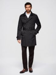 Dwurzędowy elegancki płaszcz męski trencz SLIM FIT z paskiem - czarny V2 - Rozmiar: L. Czarne płaszcze męskie Ombre Clothing, l, bez wzorów, z materiału, eleganckie. W wyprzedaży za 449.99 zł.
