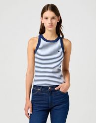 DAMSKA KOSZULKA WRANGLER RINGER TANK MAZARINE BLUE 112362567. Niebieskie bluzki damskie Wrangler, xl, bez wzorów, bez kołnierzyka, bez ramiączek. Za 79.99 zł.