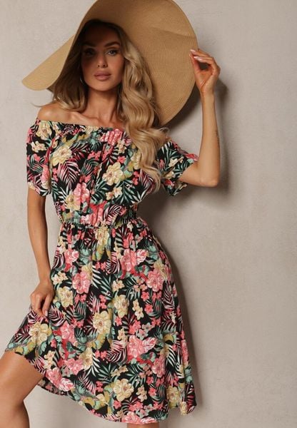 Czarn-Różowa Sukienka z Bawełny w Kwiatowy Print Dimizama. Czarne sukienki damskie Renee, na co dzień, l, bez wzorów, z bawełny, eleganckie, bez kołnierzyka, bez ramiączek, mini, kopertowe. Za 49.99 zł.