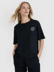 4F T-shirt oversize z nadrukiem damski - czarny S. Czarne t-shirty damskie 4f, s, bez wzorów, z bawełny, bez kołnierzyka. W wyprzedaży za 59.99 zł.