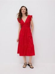 Sukienka midi z falbanami - czerwony. Czerwone sukienki damskie Reserved, l, bez wzorów, z bawełny, bez kołnierzyka, bez ramiączek, midi, rozkloszowane. Za 149.99 zł.