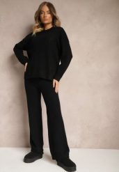 Czarny Komplet Dzianinowy z Bawełną Spodnie o Szerokim Kroju Sweter z Kapturem Siaira. Czarne spodnie materiałowe damskie Renee, bez wzorów, z bawełny, eleganckie. Za 149.99 zł.