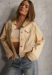 Jasnożółta Jeansowa Kurtka z Bawełny Perilopei. Żółte kurtki damskie Renee, l, bez wzorów, z bawełny, bez kaptura. Za 149.99 zł.