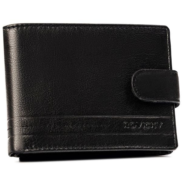 Duży, skórzany portfel męski w czarnym kolorze wyposażony w system RFID, zamykany zatrzaskiem - Rovicky. Czarne portfele męskie ROVICKY, bez wzorów, ze skóry. Za 59.99 zł.
