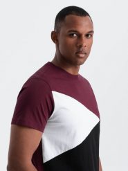 Męski t-shirt trójkolorowy bawełniany - bordowo-czarny V5 OM-TSCT-0174 - XXL. Czerwone t-shirty męskie Ombre Clothing, m, bez wzorów, z bawełny, bez kołnierzyka. W wyprzedaży za 29.99 zł.