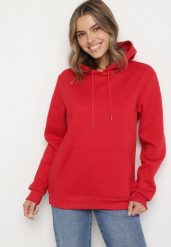Czerwona Bluza z Kapturem i Kangurkową Kieszenią Envila. Czerwone bluzy z kapturem męskie Born2be, l, z jeansu. Za 59.99 zł.