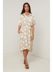 Le Monde du Lin Lniana sukienka w kolorze beżowo-białym rozmiar: 40/42. Brązowe sukienki damskie Le Monde du Lin, bez wzorów, ze lnu, z asymetrycznym kołnierzem, bez ramiączek, midi, asymetryczne. Za 173.99 zł.
