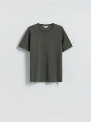 Gładki t-shirt regular fit - ciemnozielony. Zielone t-shirty męskie Reserved, l, bez wzorów, z bawełny, bez kołnierzyka. Za 99.99 zł.