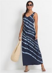 Sukienka maxi z batikowym nadrukiem. Niebieskie sukienki damskie bonprix, na lato, z aplikacjami, bez kołnierzyka, bez ramiączek, maxi. Za 149.99 zł.