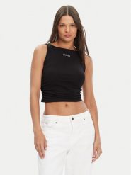 Guess Top V5YP00 J1314 Czarny Regular Fit. Czarne topy damskie Guess, l, z aplikacjami, z bawełny, bez kołnierzyka. Za 109.99 zł.