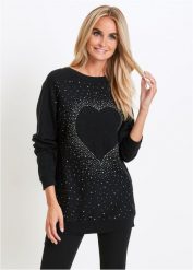 Długi sweter z mieszanki bawełny. Czarne swetry klasyczne damskie bonprix, z bawełny, bez kołnierzyka. Za 112.99 zł.