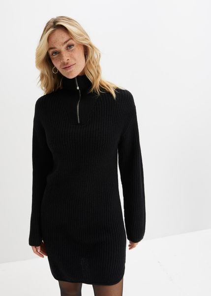 Sukienka dzianinowa z akrylu z recyklingu. Czarne sukienki damskie bonprix, bez wzorów, z dzianiny, bez kołnierzyka, bez ramiączek. Za 139.99 zł.