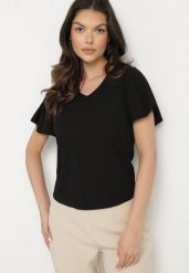 Czarna Bluzka z Szerokimi Rękawami Sunevia. Czarne bluzki damskie Born2be, m, bez wzorów, z jeansu, eleganckie, bez kołnierzyka, bez ramiączek. Za 34.99 zł.