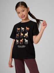 4F T-shirt regular z nadrukiem dziewczęcy - czarny 128 (7-8 lat). Czarne koszulki dziewczęce 4f, bez wzorów, z bawełny, bez ramiączek. Za 49.99 zł.