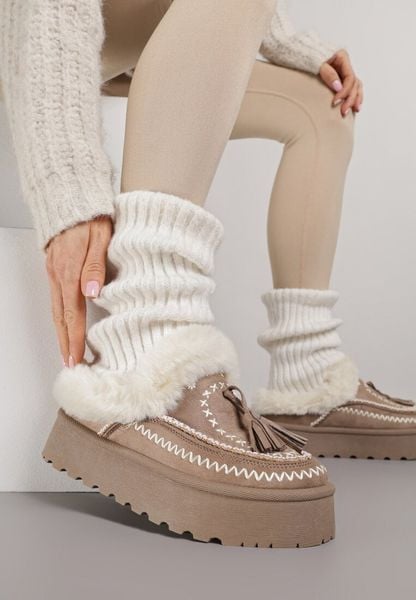 Ciemnobeżowe Śniegowce na Grubej Podeszwie z Haftem i Futerkiem Ezilune. Brązowe śniegowce damskie Born2be, z jeansu. Za 99.99 zł.