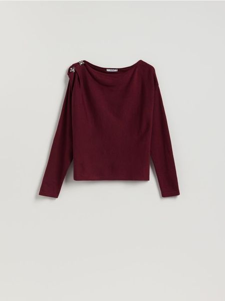 Sweter z błyszczącą aplikacją - bordowy. Czerwone swetry klasyczne damskie Reserved, l, z dzianiny, bez kołnierzyka. W wyprzedaży za 49.99 zł.