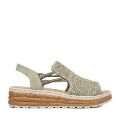 Sandały Rieker. Zielone sandały damskie Rieker, bez wzorów, bez obcasa, na koturnie. Za 319.99 zł.