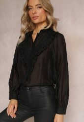 Czarna Koszula na Guziki z Ozdobną Koronką Raneem. Czarne koszule damskie Renee, m, bez wzorów, z koronki, bez kołnierzyka, bez ramiączek. Za 119.99 zł.