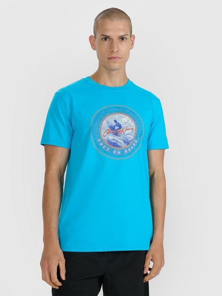 4F T-shirt regular z nadrukiem męski - niebieski L. Niebieskie t-shirty męskie 4f, l, bez wzorów, z bawełny, bez kołnierzyka. Za 69.99 zł.
