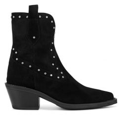Kowbojki Eva Minge. Czarne botki damskie Eva Minge, bez obcasa, na słupku, bez zapięcia. Za 391.99 zł.