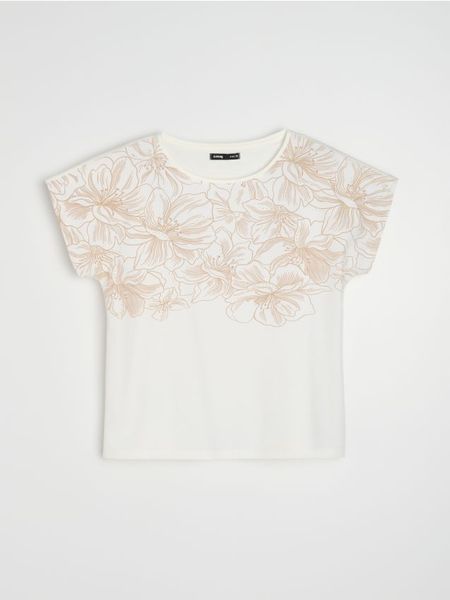 Bawełniana koszulka z cyrkoniami i motywem kwiatowym - kremowy. Białe t-shirty damskie Sinsay, l, bez wzorów, z bawełny, bez kołnierzyka. Za 25.99 zł.