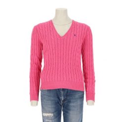 Second life - Damski różowy sweter z dekoltem w serek - Jak nowy. Czerwone golfy damskie Ralph Lauren, bez wzorów, bez ramiączek. Za 255.56 zł.