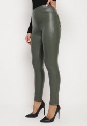 Ciemnozielone Legginsy z Ekoskóry z Wysokim Stanem i Imitacją Kieszeni Merievia. Zielone legginsy damskie Born2be, l, bez wzorów, z jeansu. Za 39.99 zł.