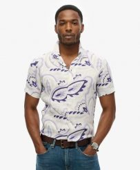 Superdry Lniana koszula z nadrukiem i rozpiętym kołnierzem. Szare koszule damskie Superdry., na lato, xl, bez wzorów, ze lnu, casualowe, bez kołnierzyka, bez ramiączek. Za 284.90 zł.