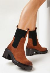Brązowe Botki na Słupku ze Skarpetkową Cholewką Pheriae. Brązowe botki damskie Born2be, bez obcasa, na obcasie, bez zapięcia. Za 209.99 zł.