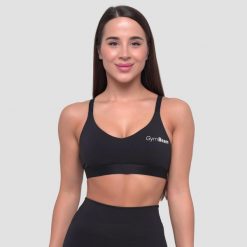 Biustonosz sportowy damski z regulowanymi ramiączkami czarny Essence String. Czarne biustonosze sportowe damskie GYMBEAM, bez wzorów, z elastanu. Za 76.90 zł.