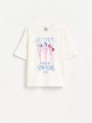 T-shirt Kpop Demon Hunters™ - złamana biel. Koszulki dziewczęce Reserved, l, bez wzorów, z bawełny, bez ramiączek. Za 39.99 zł.