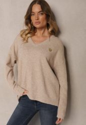 Ciemnobeżowy Sweter z Wełną i Dekoltem w Serek Ziviola. Brązowe swetry klasyczne damskie Renee, z jeansu, bez kołnierzyka. Za 119.99 zł.
