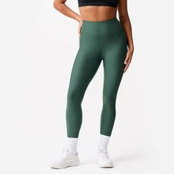 Legginsy fitness damskie Domyos. Zielone legginsy damskie DOMYOS, l, bez wzorów, z elastanu, z podwyższonym stanem, na fitness i siłownię. Za 79.99 zł.