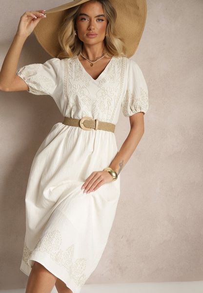 Biała Rozkloszowana Sukienka z Bawełny w Stylu Boho z Haftowanymi Zdobieniami Lannilsa. Białe sukienki damskie Renee, na spotkanie biznesowe, l, z aplikacjami, z bawełny, boho, bez kołnierzyka, bez ramiączek, midi, rozkloszowane. Za 159.99 zł.